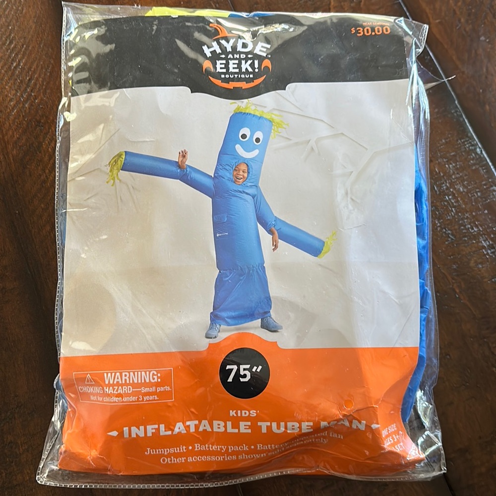 Kids Inflatable Tube Man Costume: One size 3+. Photo of kids and adult costume.